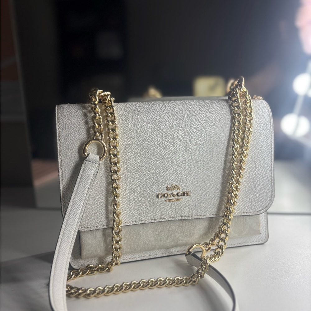 Coach White and Gold Crossbody Bag with Chain Strap